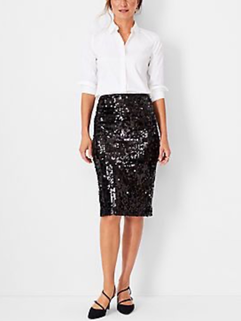 ANN TAYLOR  ~ Black Sequin Knee Length PENCIL SKIRT ~ 0P 0